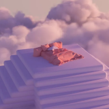 flat top pyramid stairs in the mist of clouds with a king size bed on top 